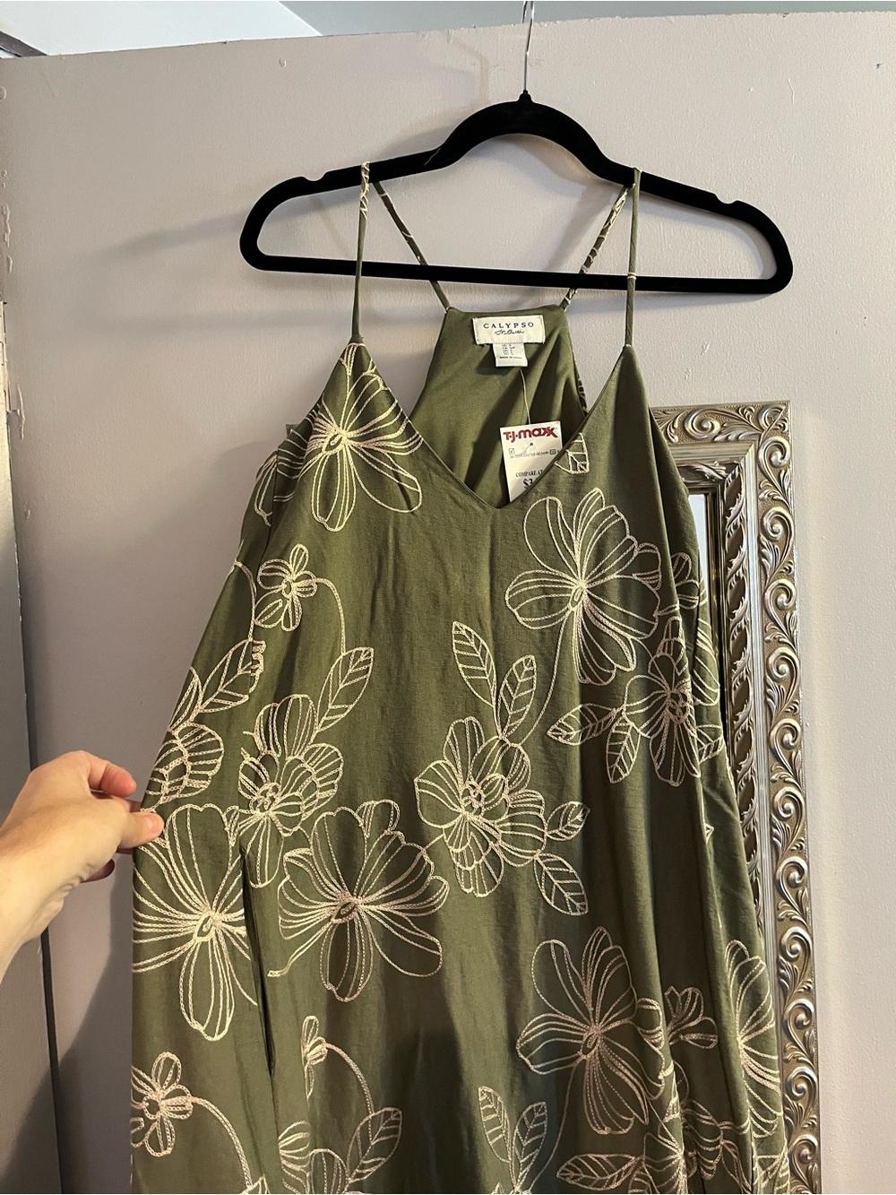 Calypso St. Barth Olive Green Floral Midi Dress